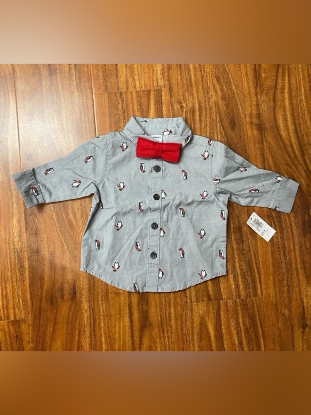 3/$25 NWT New Old Navy Baby Boy Gray Penguin Bow Tie Button Down Shirt Size 0-3M